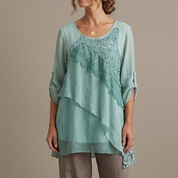Feratelli Tops - Feratelli Teal Crochet Lace Asymmetrical Chiffon Tunic XL Floral Fairy Grunge